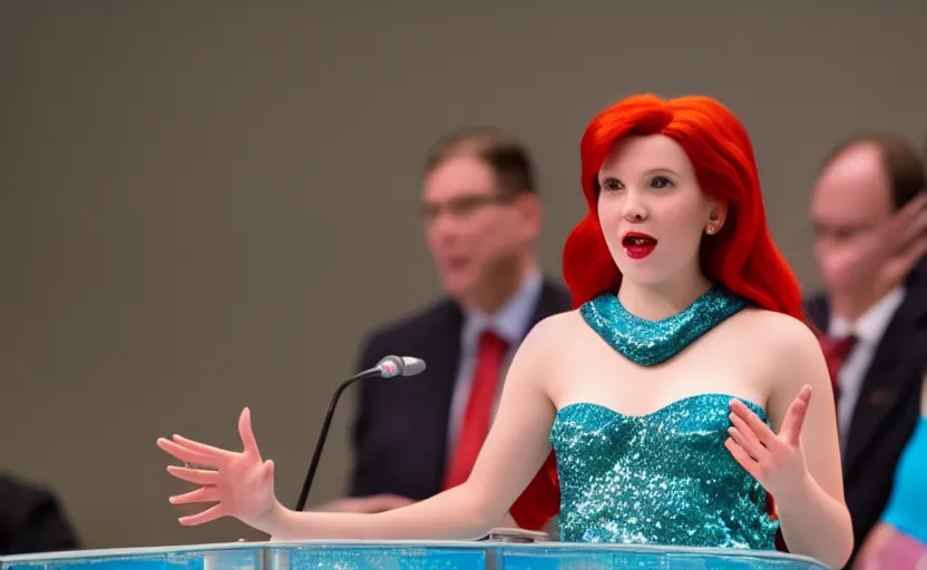 AI generated image "One little mermaid speaking at the United Nations behind a podium"