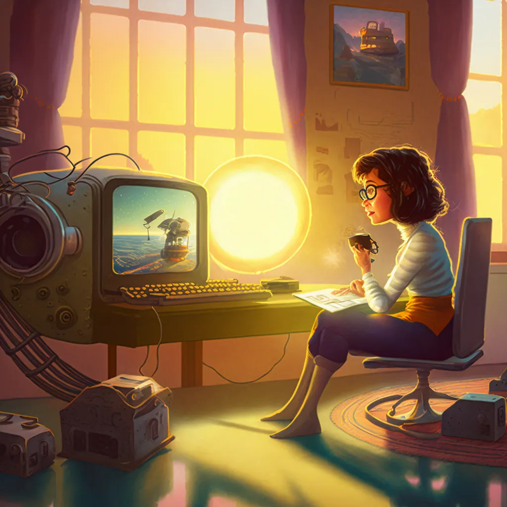AI generated image, “woman using a laptop for hopeful government correspondence, 1980's scene of a film, magical laboratory, morning light, cozy mechanical atmosphere, curiously shaped submarine robotic devices, sense of hopefulness and creativity”